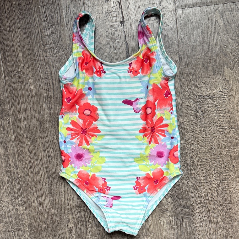 Girls Floral Stripe One-Piece Swimsuit - Mint & Coral